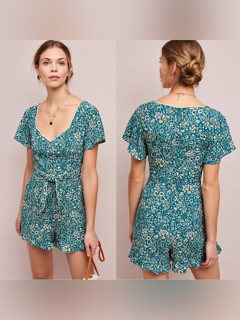 Anthropologie Maeve Breeze Floral Button Bodice Tie Romper Sz 12P Boho Romantic